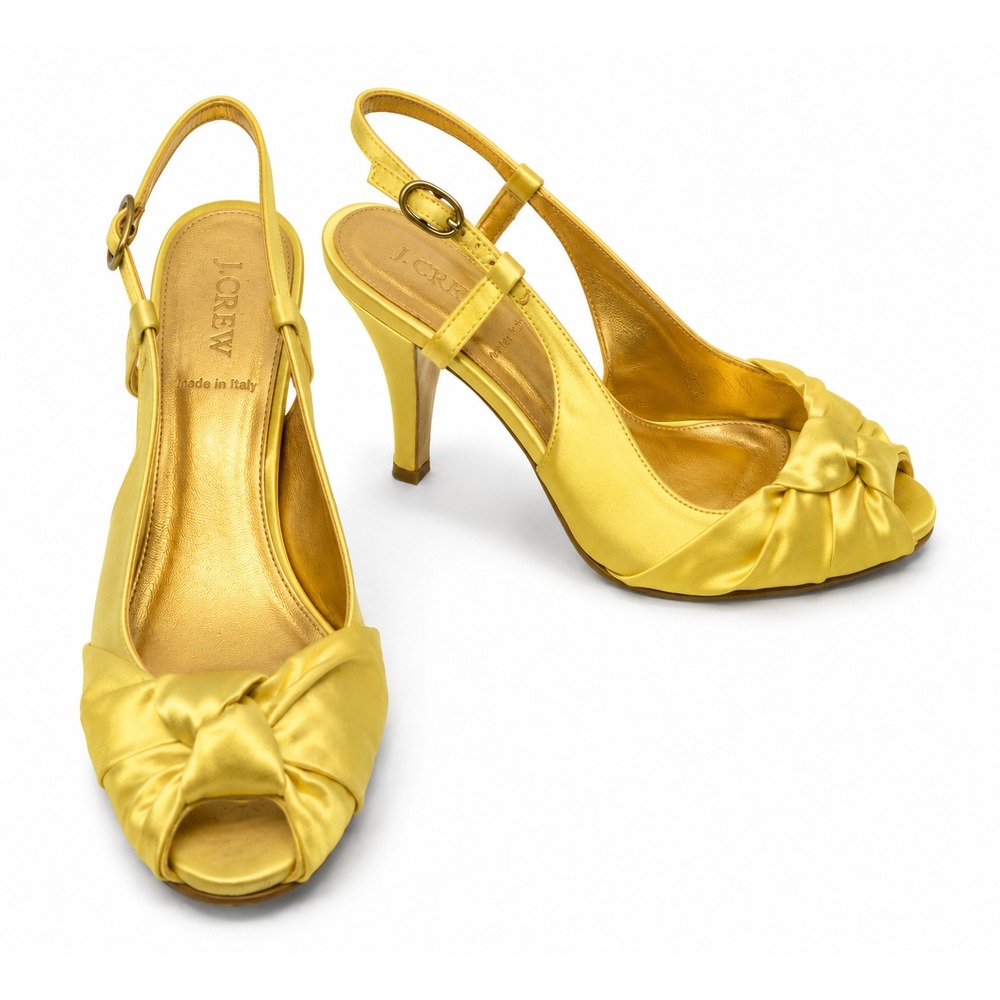 J. Crew Womens Slingback Sandals Sz 7.5 Lemon Yellow Satin Fabric Peep Toe Shoe